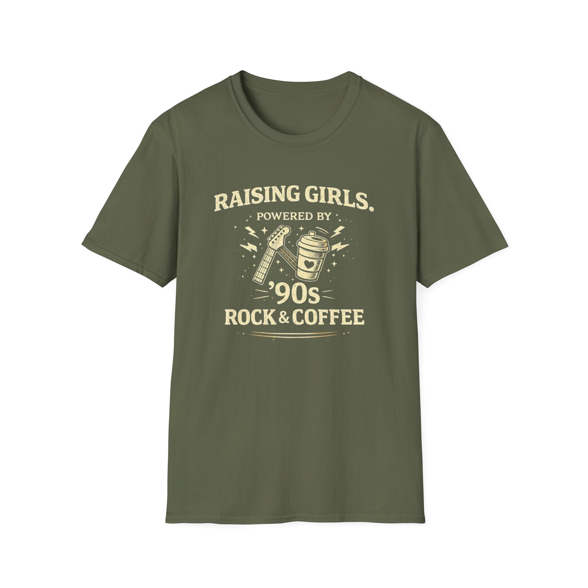 Raising Girls - Powered by 90's Rock and Coffee - graphic T-Shirt
